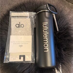 Lululemon Black Water Bottle straw lid and gray alo socks bundle